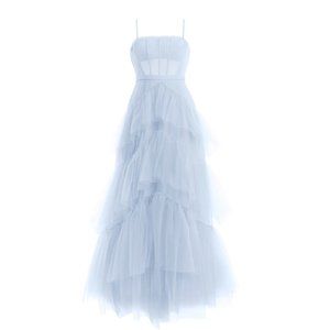 Oly Tiered Ruffle Tulle Evening Gown - light blue